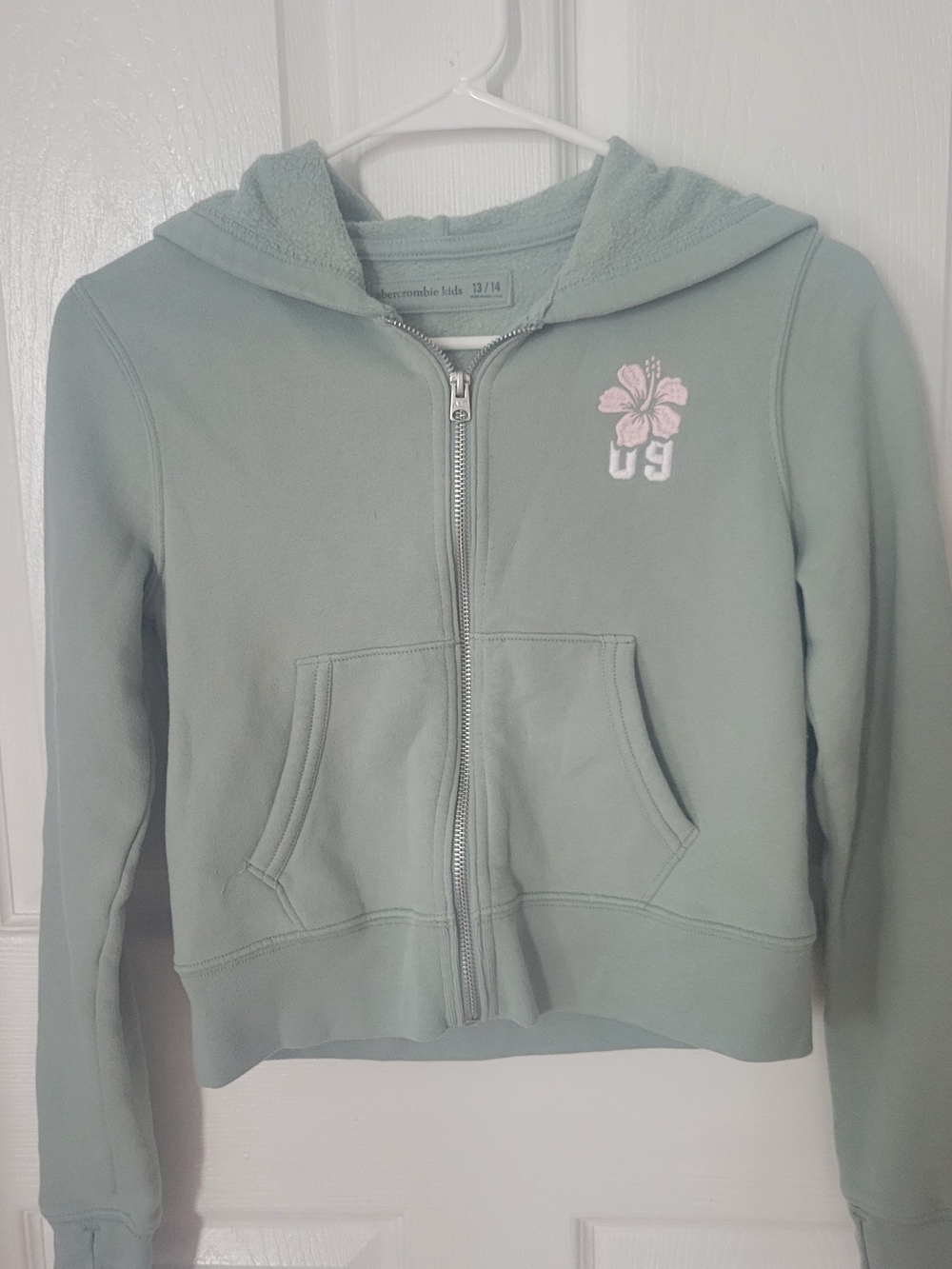 abercrombie kids green zip hoodie with pink floral patch